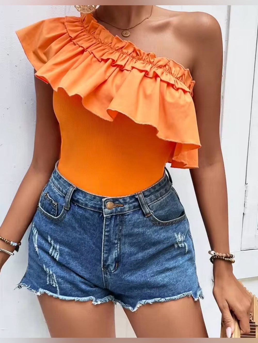 SHEIN Womens M Orange Ruffle Asymmetrical Top Boho Fall 90s Cottagecore Preppy - Picture 16 of 16